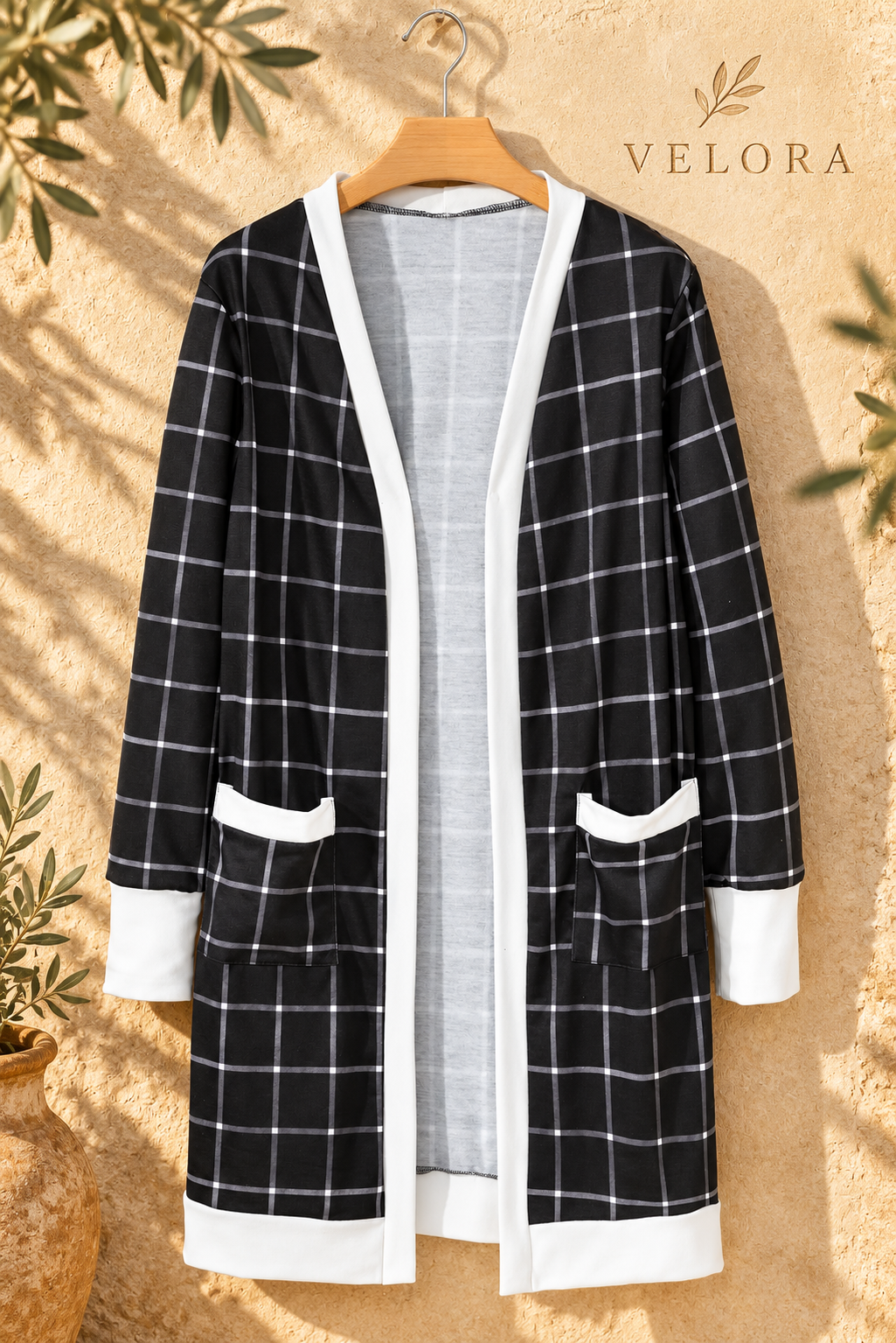 VELORA plaid cover up look 2 on Mediterranean plaster