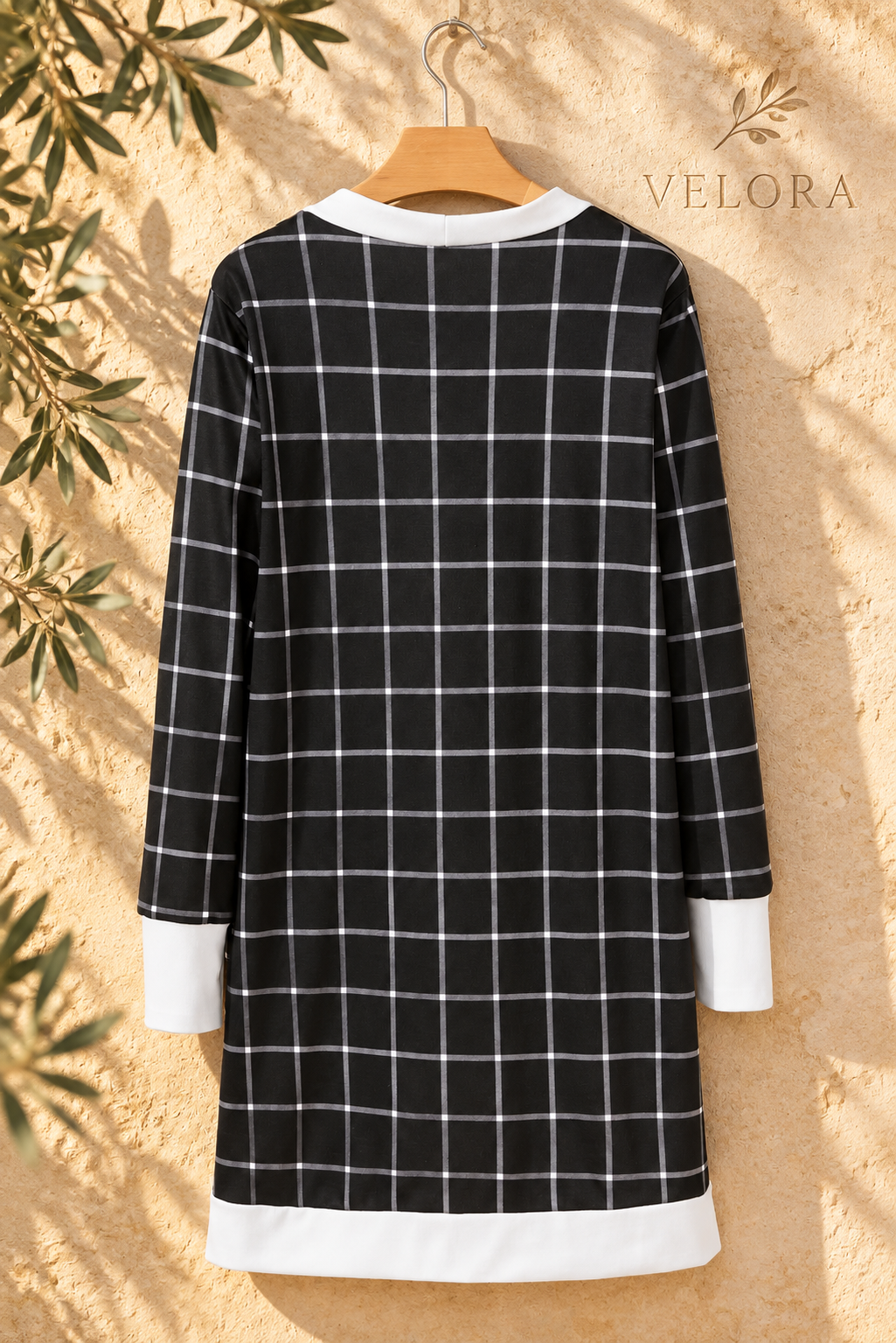 VELORA plaid cover up look 3 on Mediterranean plaster