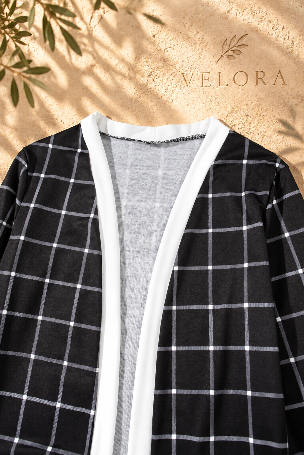 VELORA plaid cover up look 4 on Mediterranean plaster
