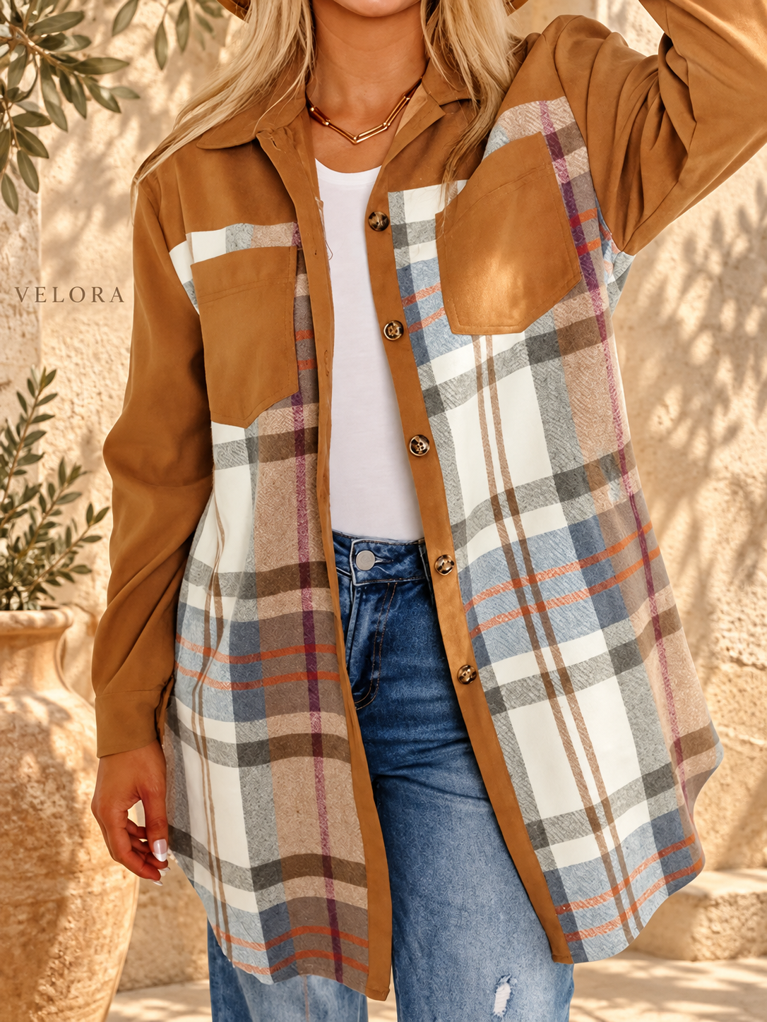 VELORA plaid-jacket look 3 on Mediterranean plaster