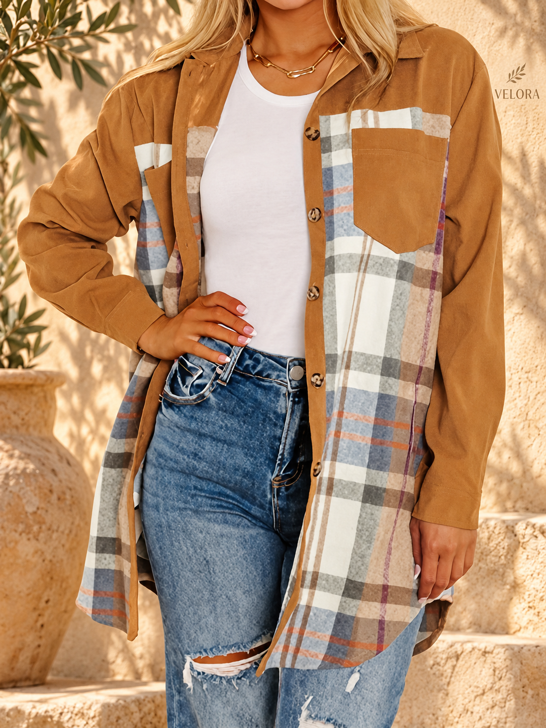 VELORA plaid-jacket look 4 on Mediterranean plaster