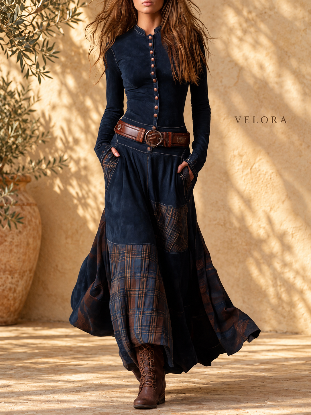 VELORA plaid-patchwork-dress look 1 on Mediterranean plaster