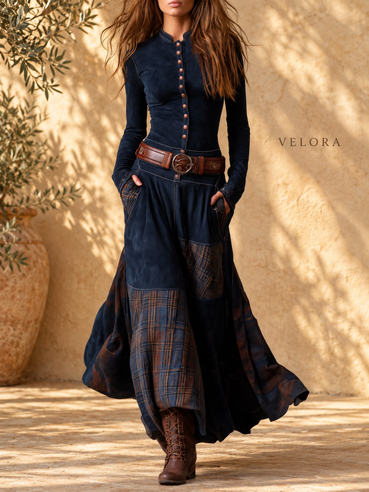 VELORA plaid-patchwork-dress look 1 on Mediterranean plaster