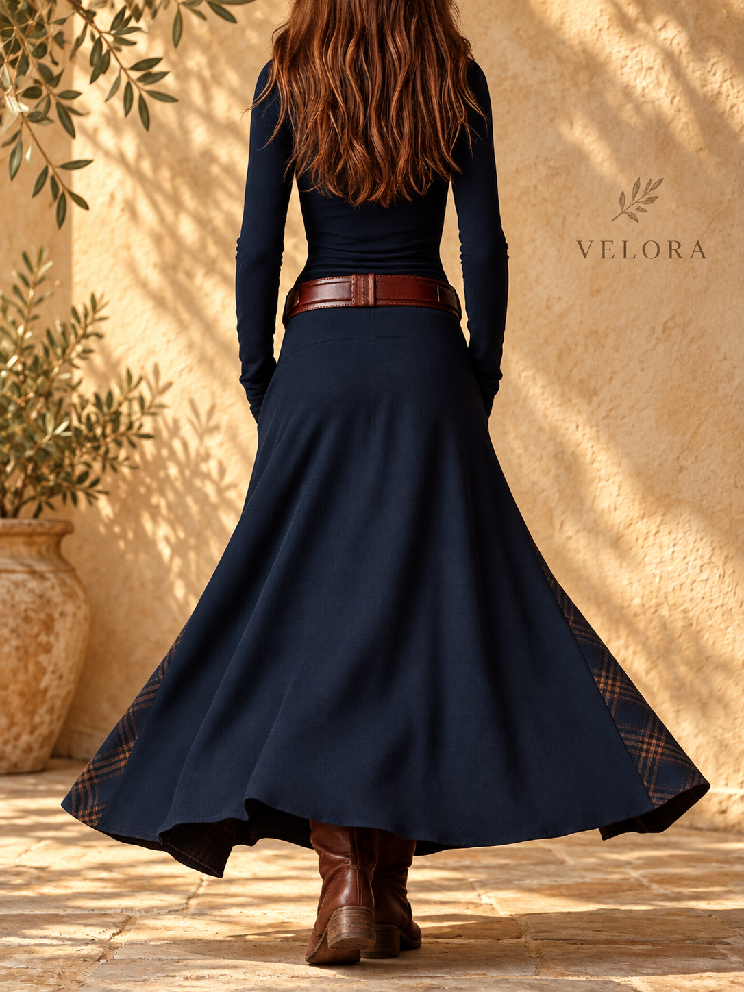 VELORA plaid-patchwork-dress look 2 on Mediterranean plaster