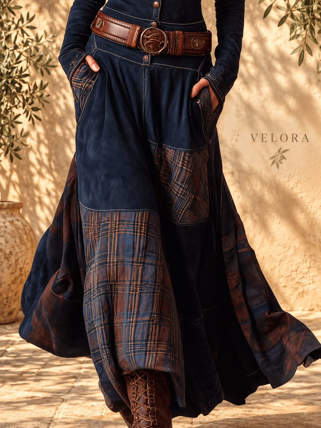 VELORA plaid-patchwork-dress look 4 on Mediterranean plaster