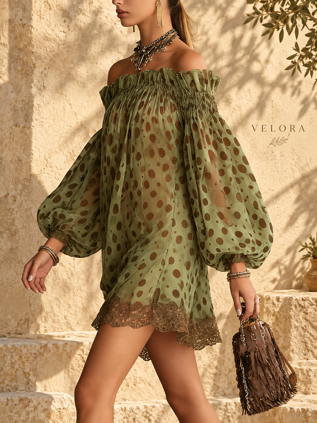 VELORA polka-dress look 3 on Mediterranean plaster
