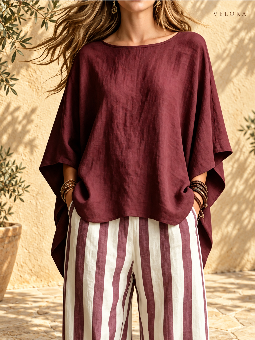 VELORA relaxed pocket set color detail 3 in Mediterranean setting