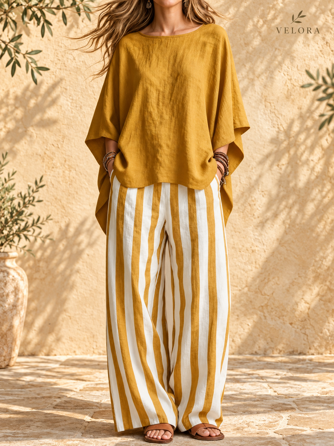 VELORA relaxed pocket set color detail 4 in Mediterranean setting