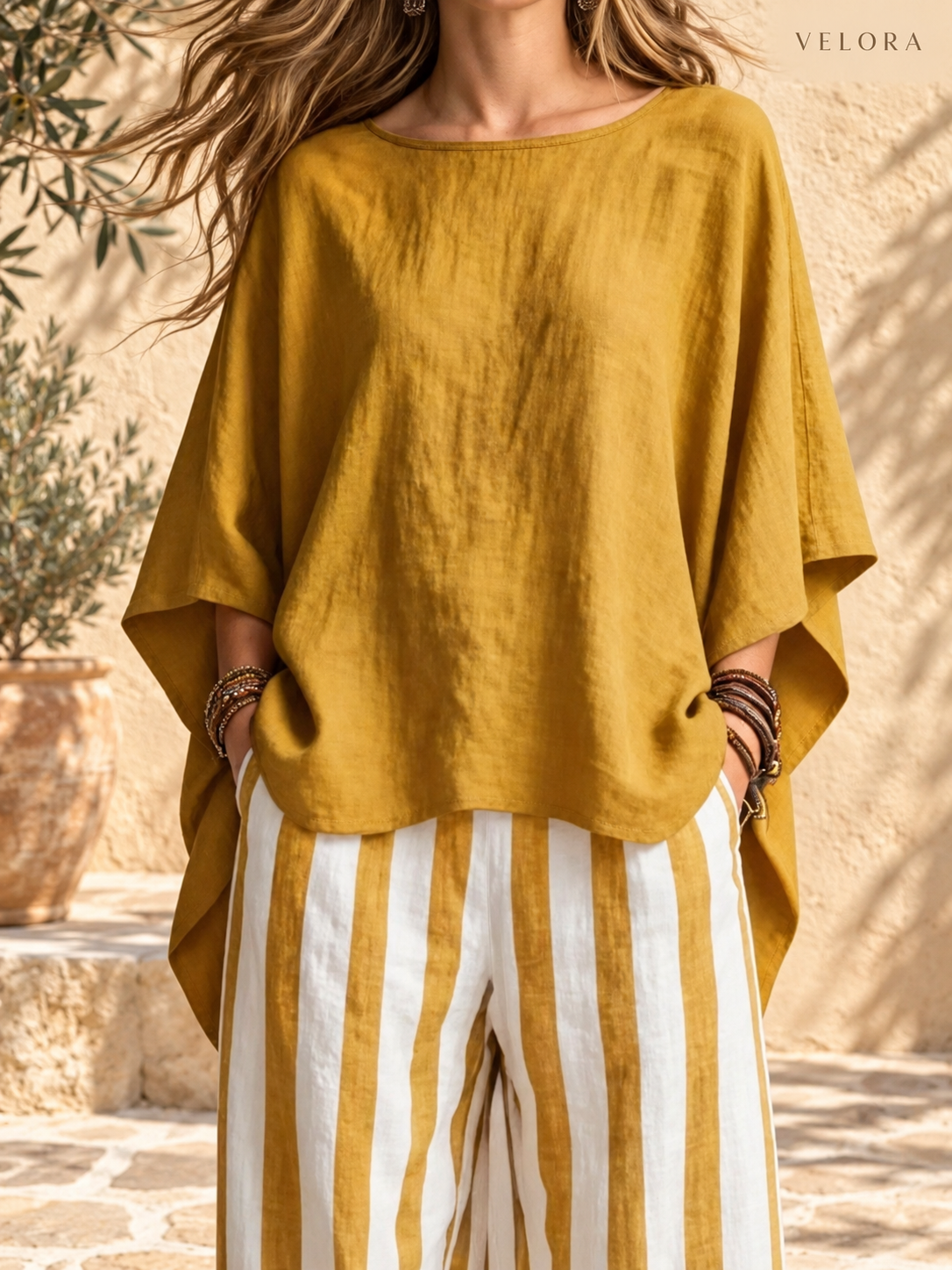 VELORA relaxed pocket set color detail 5 in Mediterranean setting