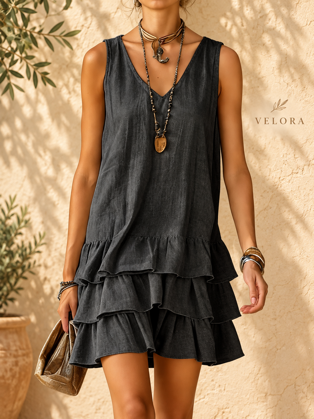 VELORA tiered ruffle dress photo 7 in Mediterranean setting
