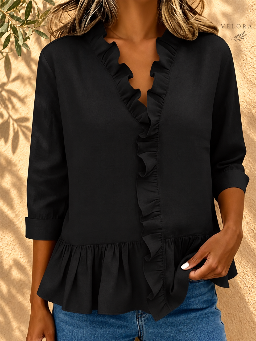 VELORA ruffled peplum blouse look 11 on Mediterranean plaster