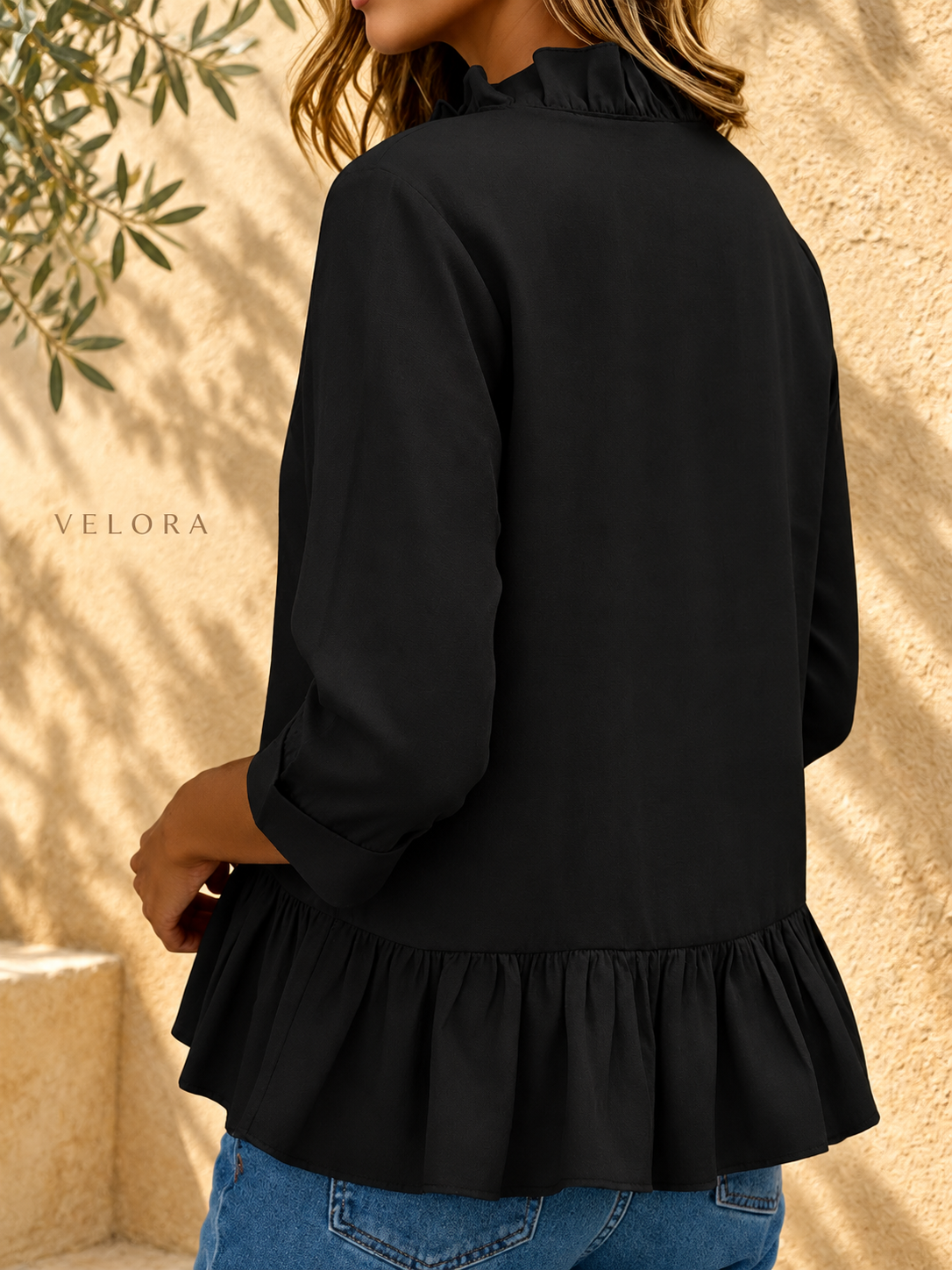 VELORA ruffled peplum blouse look 12 on Mediterranean plaster