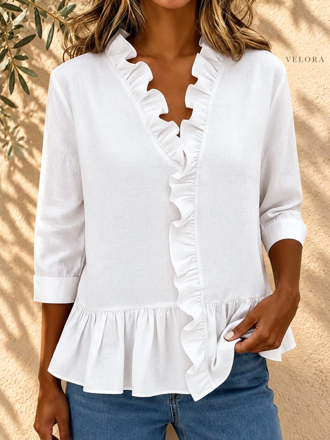 VELORA ruffled peplum blouse look 4 on Mediterranean plaster
