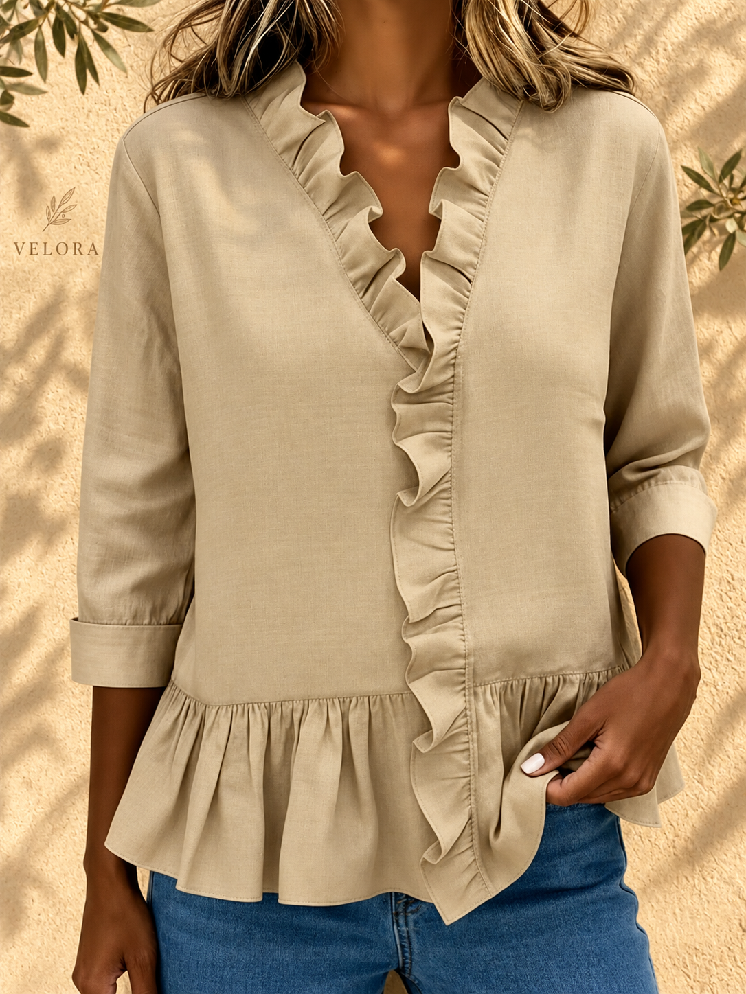 VELORA ruffled peplum blouse look 8 on Mediterranean plaster