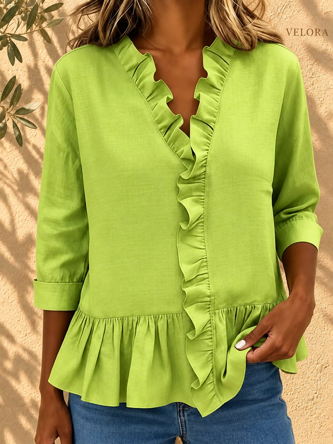 VELORA ruffled peplum blouse look 9 on Mediterranean plaster