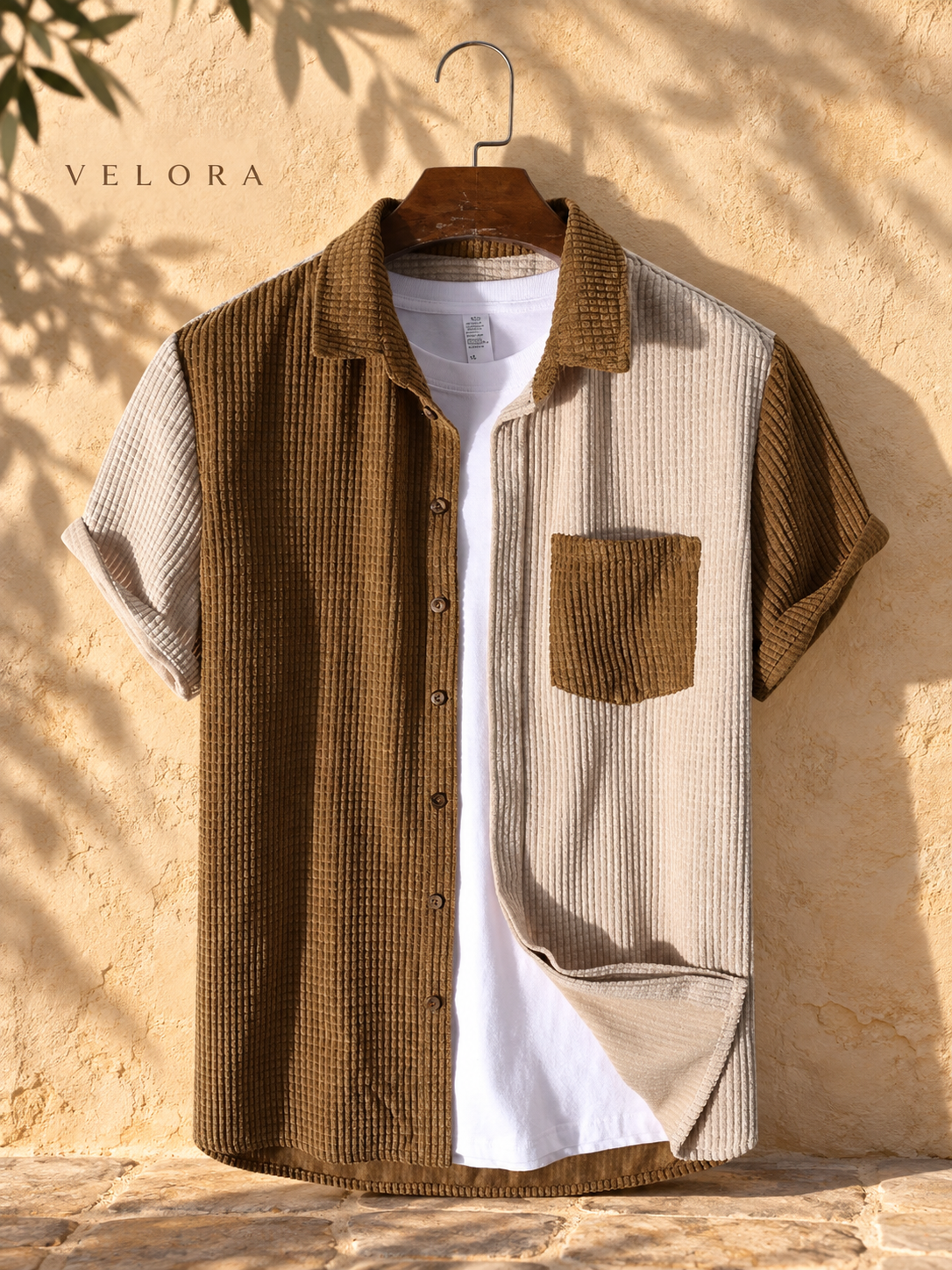 VELORA men's set front on sunlit Mediterranean stone backdrop