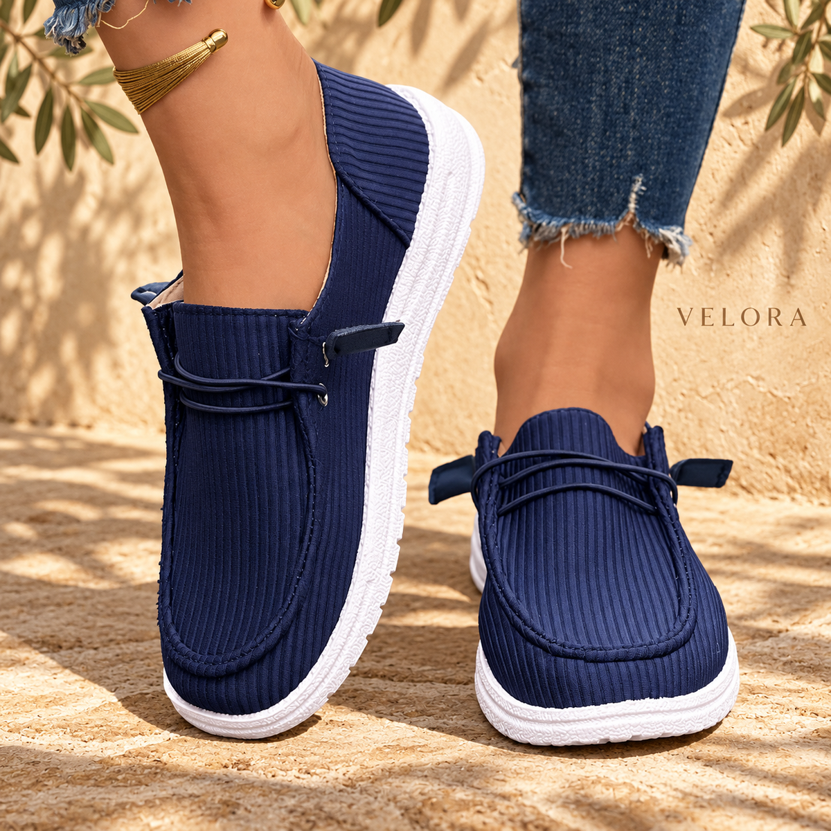 VELORA slip-ons look 2 on Mediterranean plaster