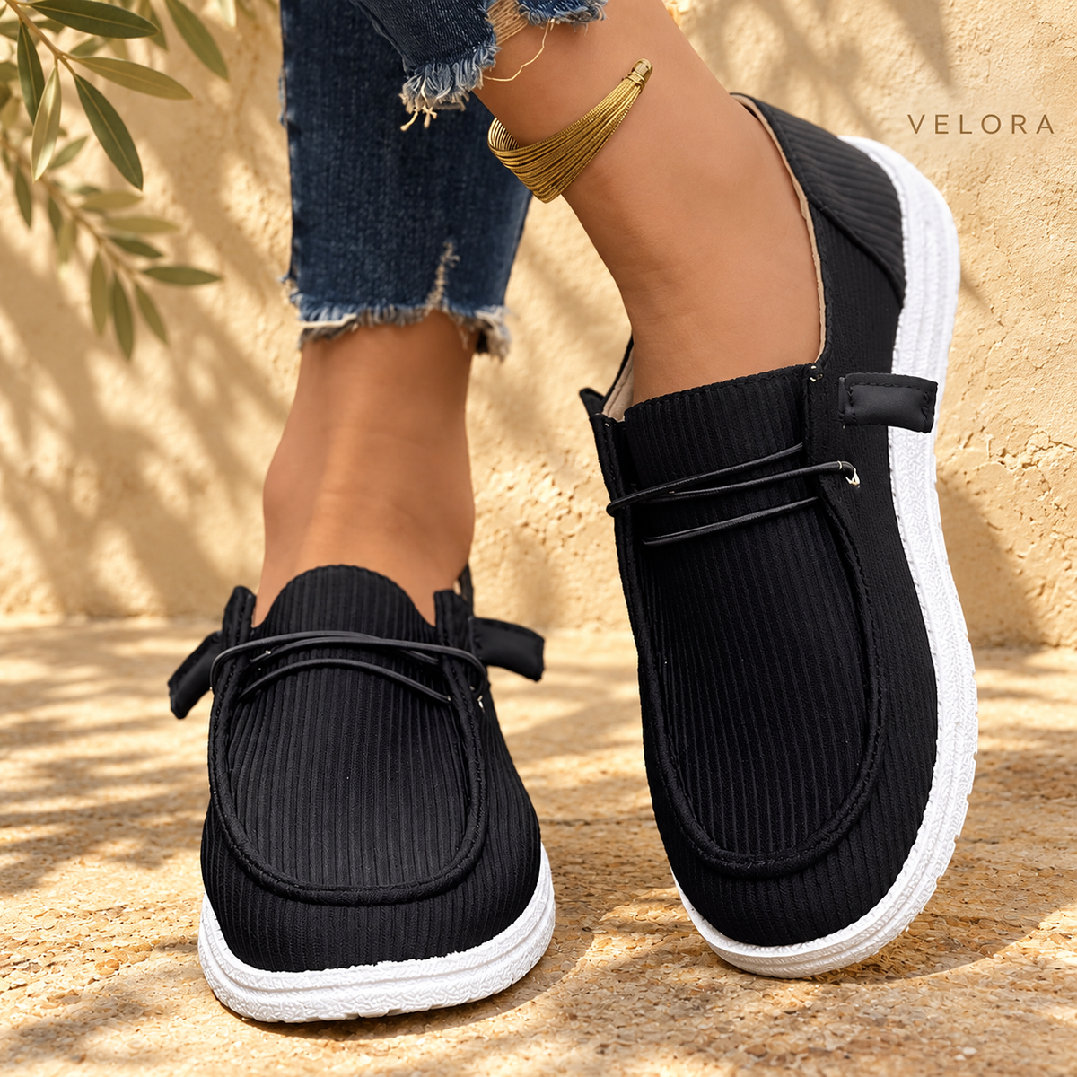 VELORA slip-ons look 3 on Mediterranean plaster