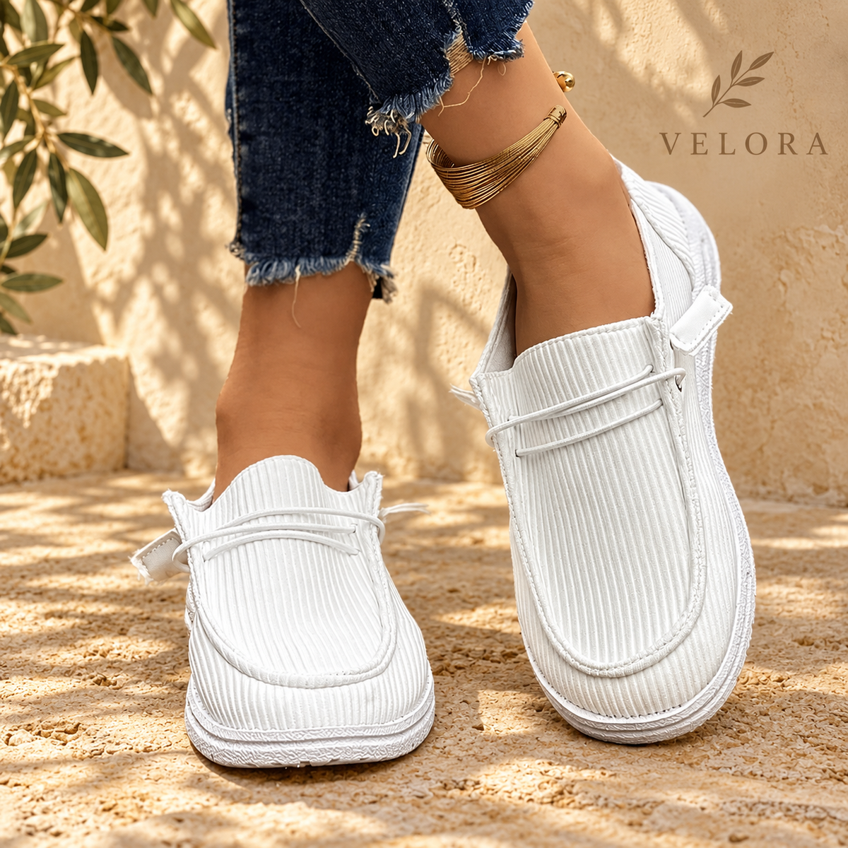 VELORA slip-ons look 5 on Mediterranean plaster