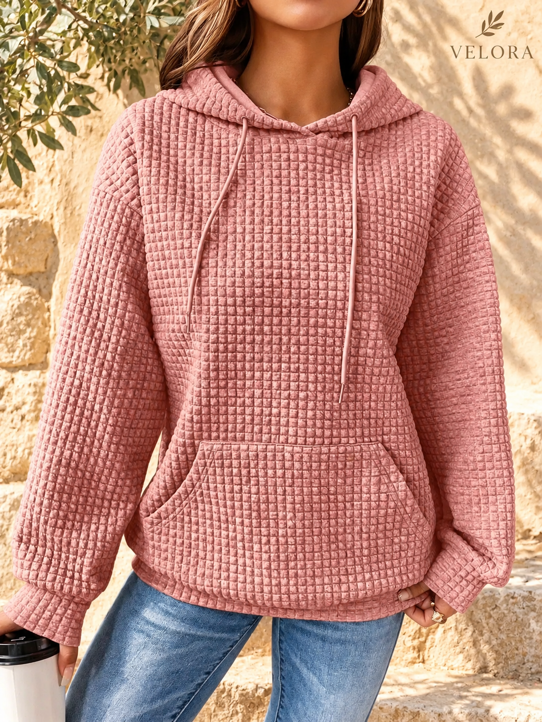 VELORA textured hoodie look 10 on warm Mediterranean plaster
