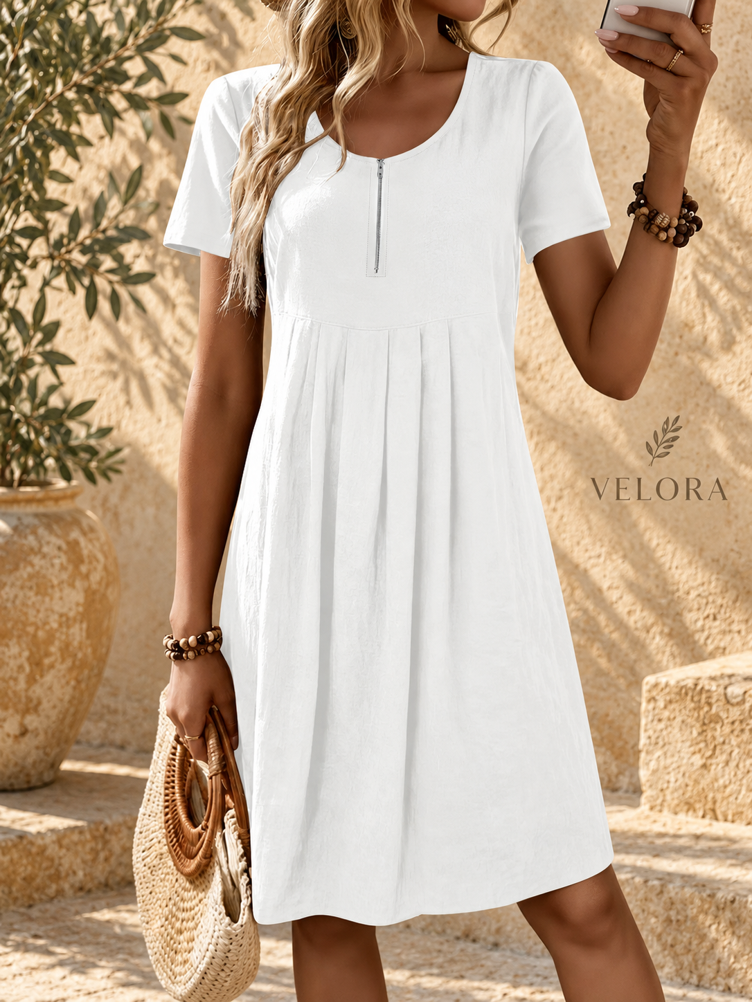 VELORA zipper A-line dress look 1 on Mediterranean plaster