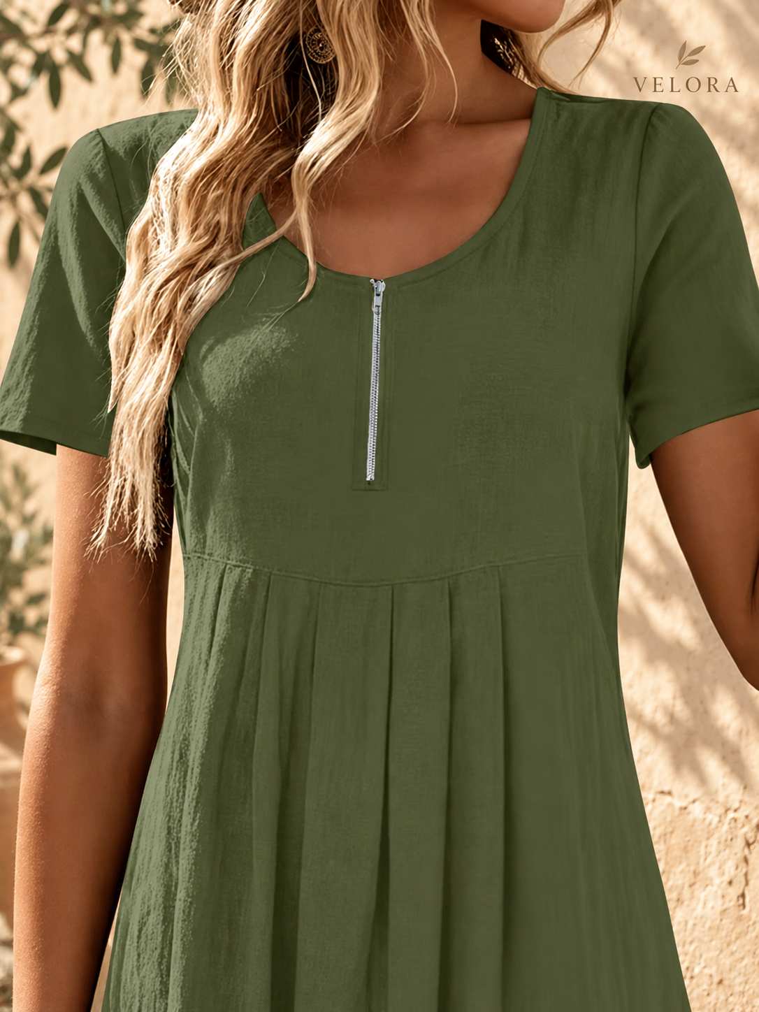 VELORA zipper A-line dress look 11 on Mediterranean plaster