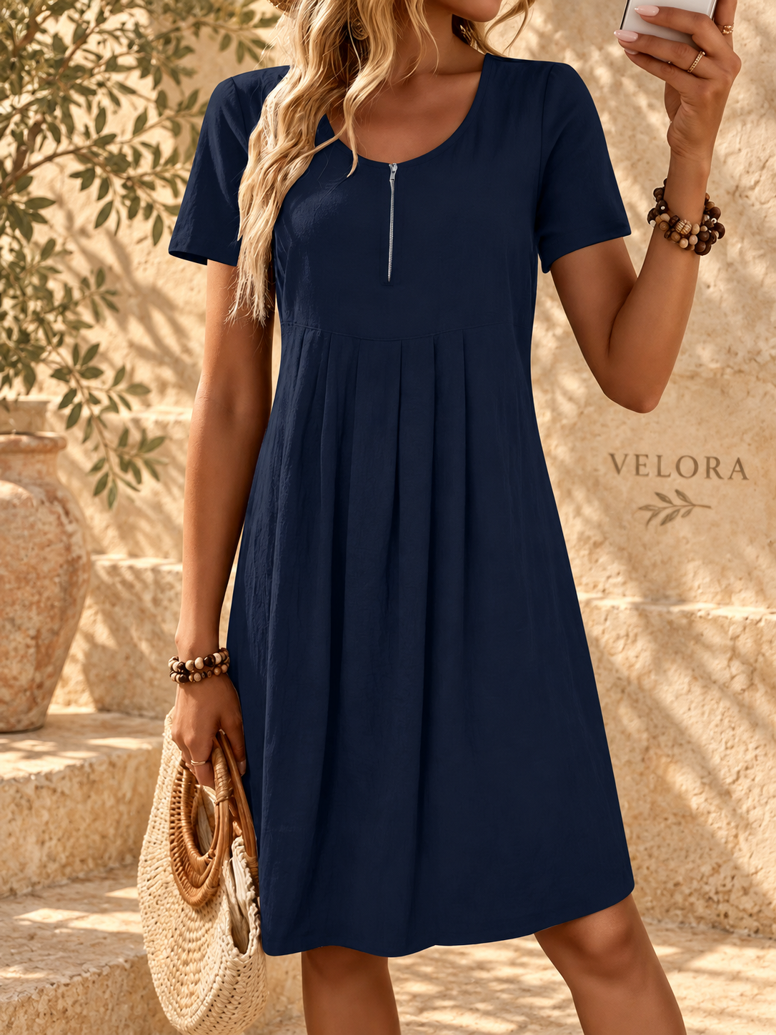 VELORA zipper A-line dress look 13 on Mediterranean plaster