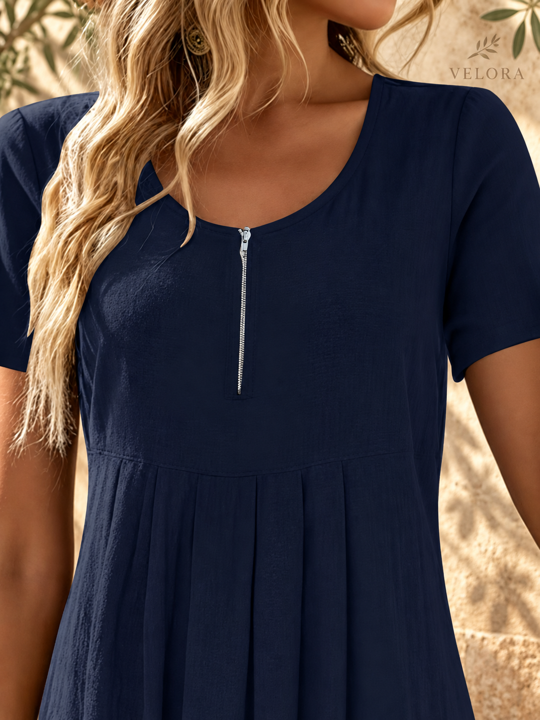 VELORA zipper A-line dress look 14 on Mediterranean plaster