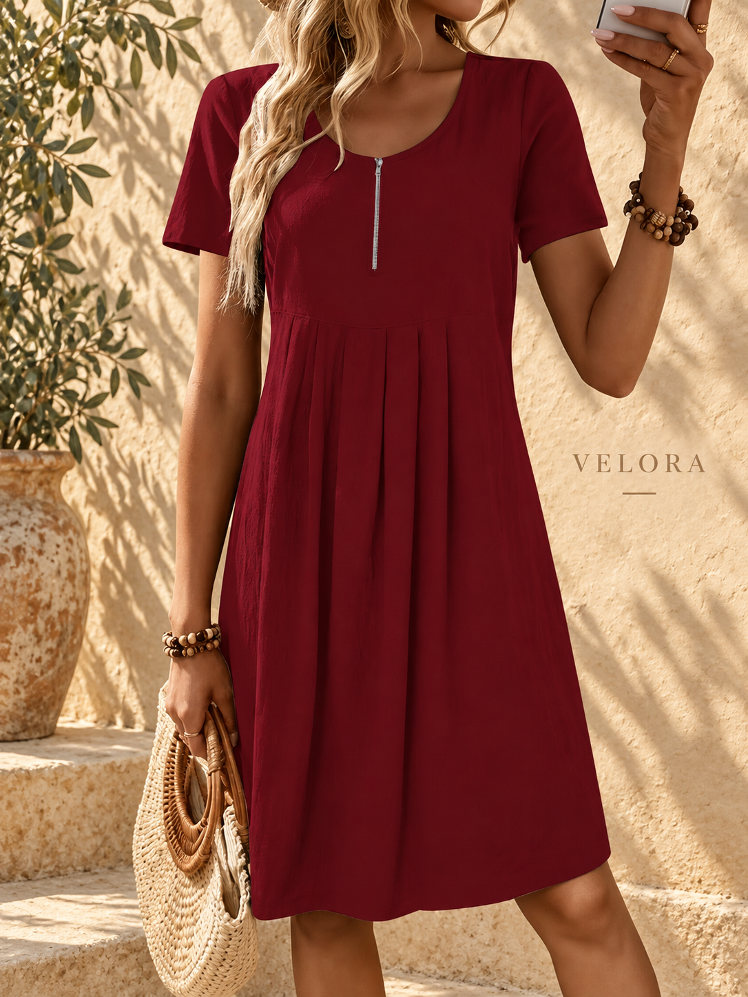 VELORA zipper A-line dress look 16 on Mediterranean plaster