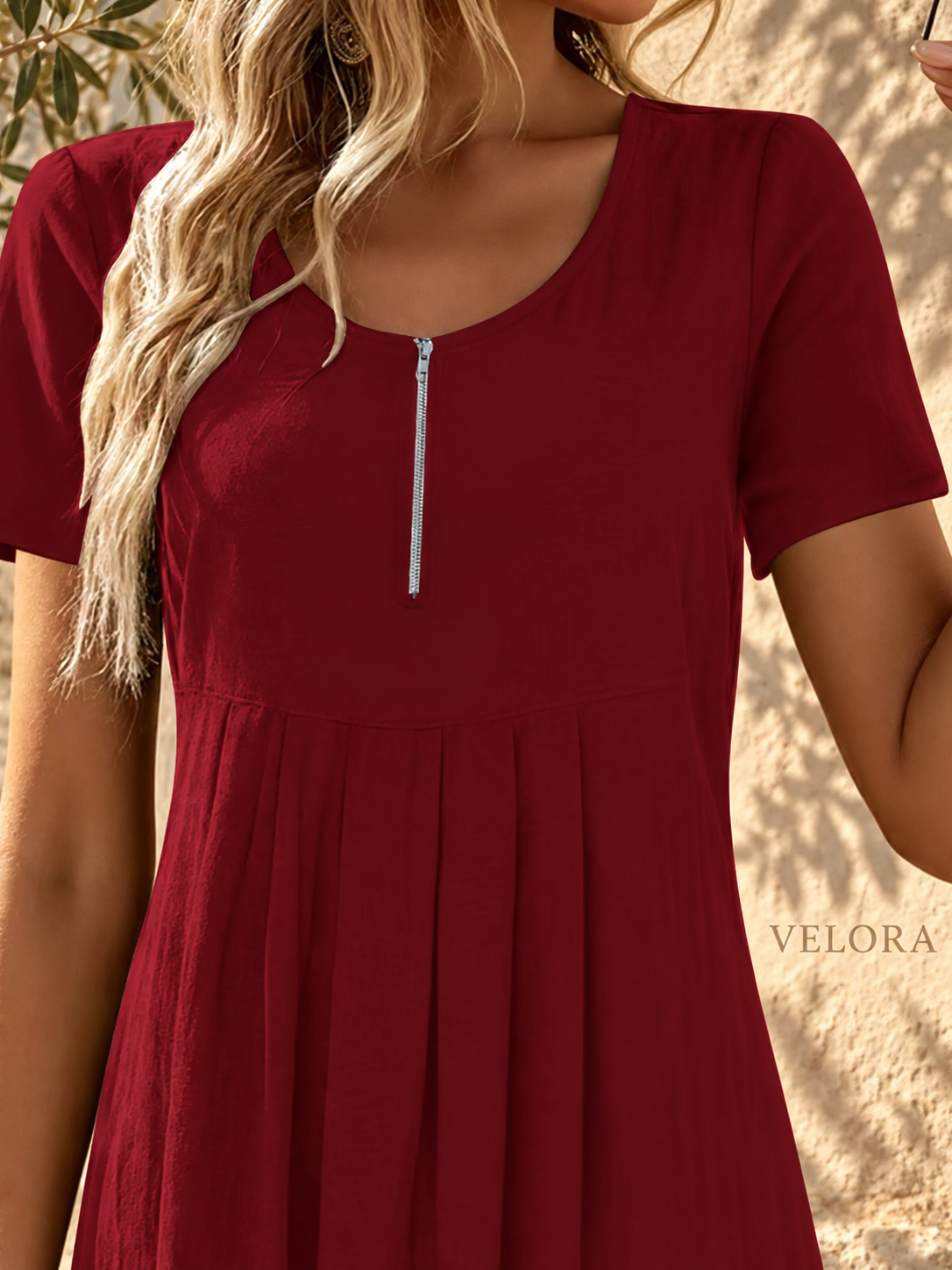 VELORA zipper A-line dress look 17 on Mediterranean plaster