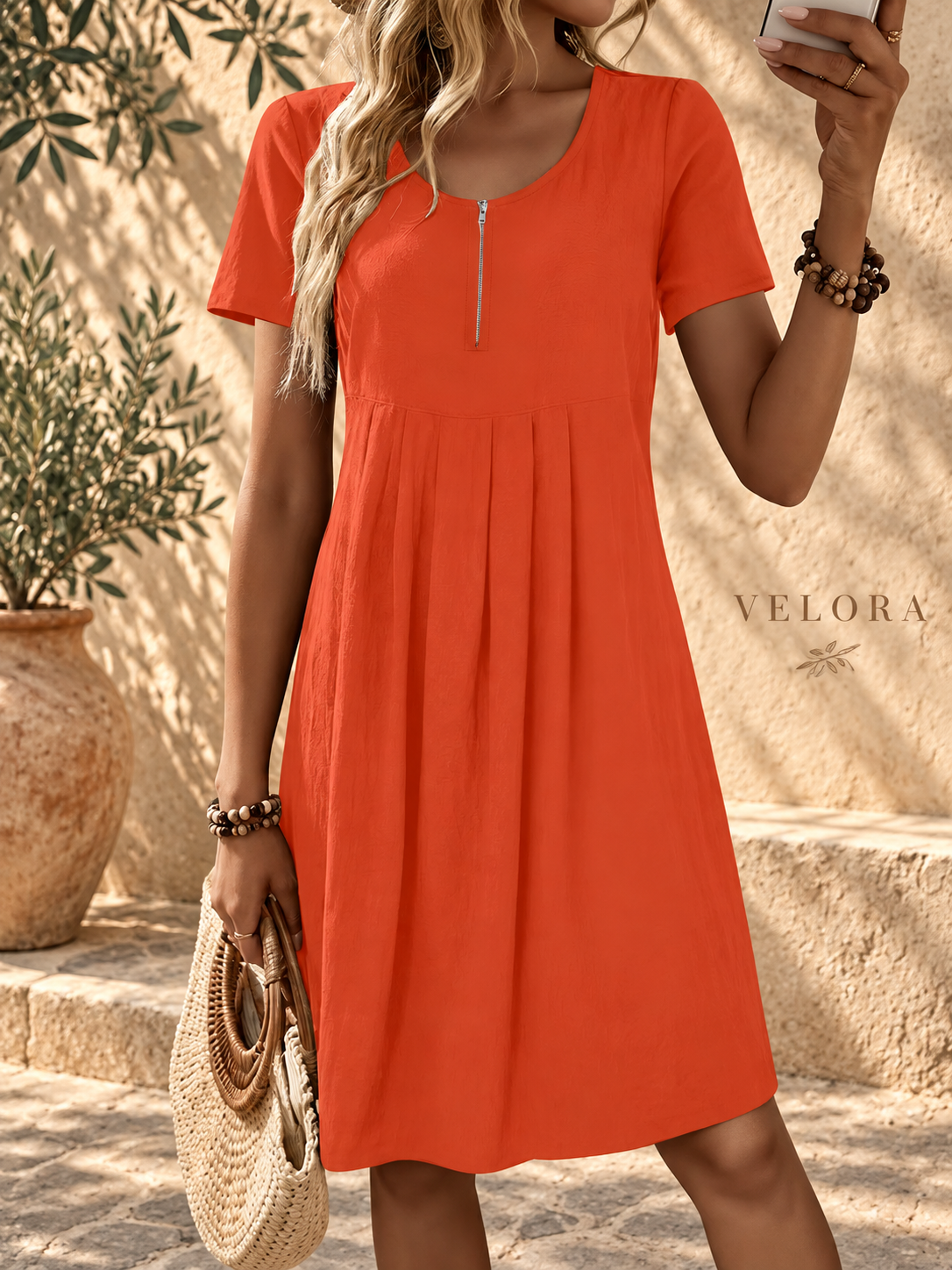 VELORA zipper A-line dress look 19 on Mediterranean plaster