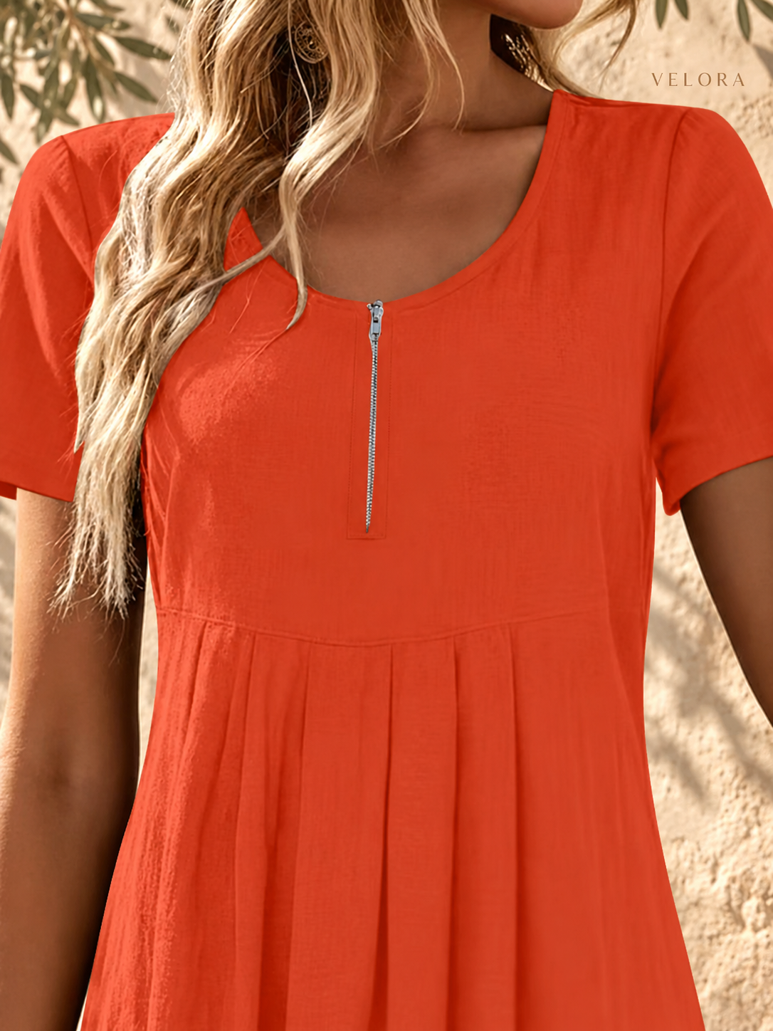 VELORA zipper A-line dress look 20 on Mediterranean plaster