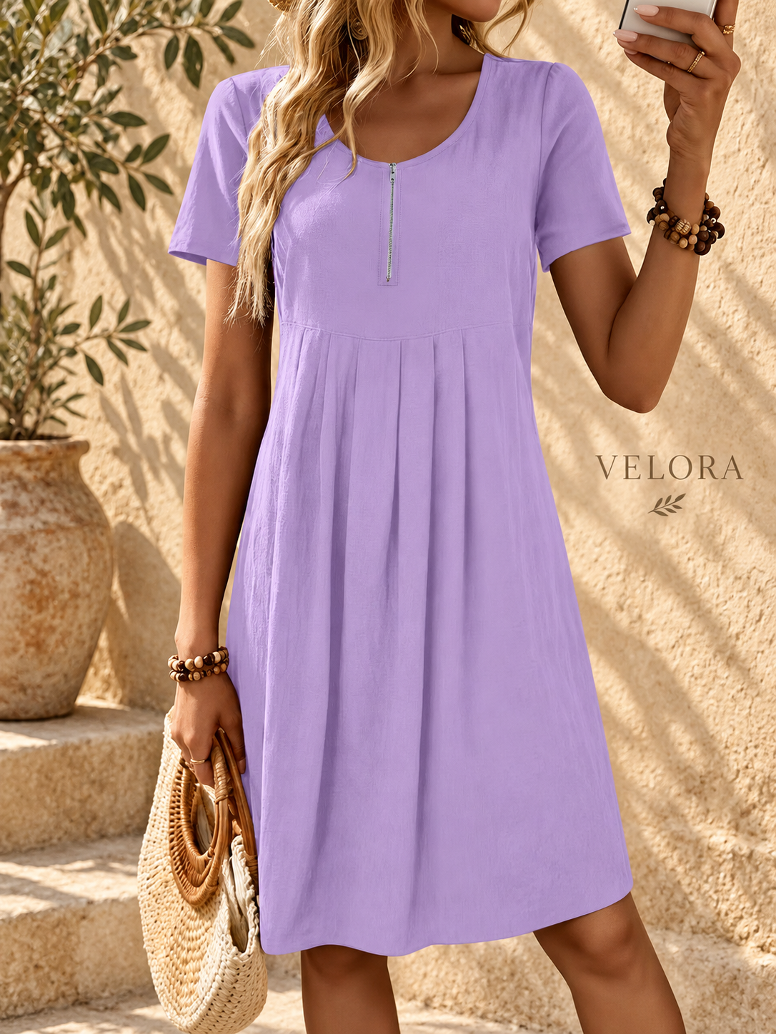 VELORA zipper A-line dress look 22 on Mediterranean plaster
