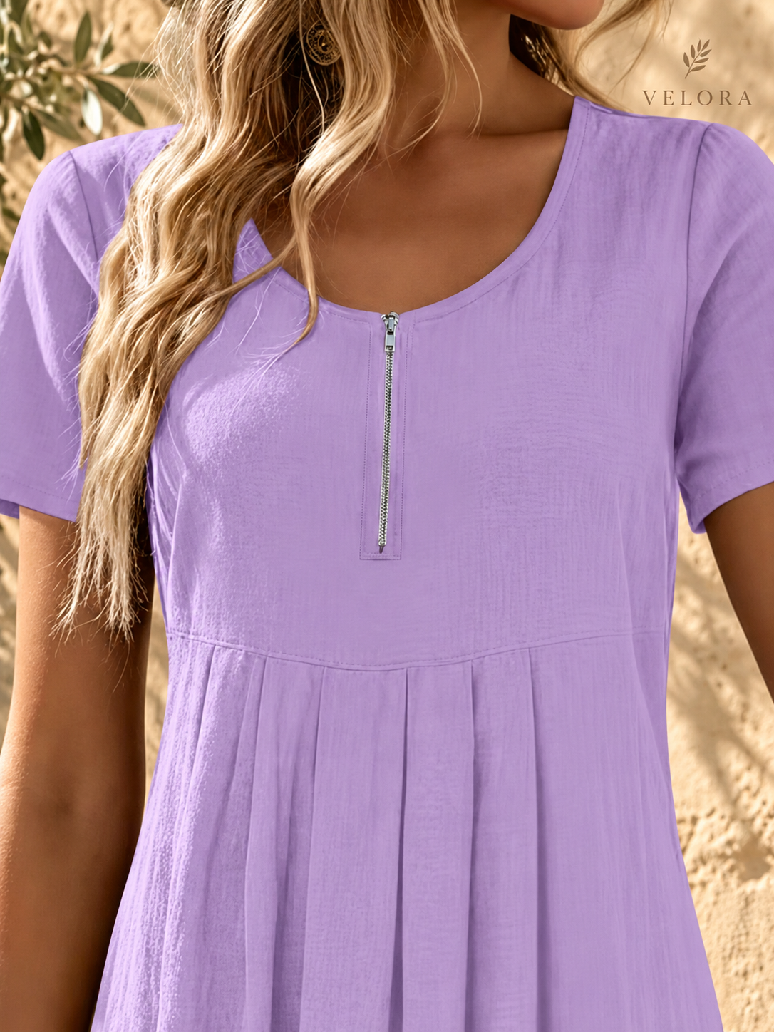 VELORA zipper A-line dress look 23 on Mediterranean plaster