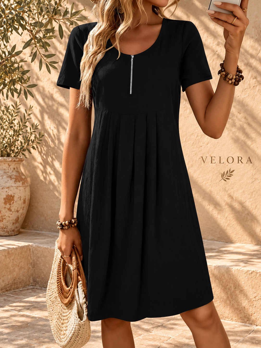 VELORA zipper A-line dress look 4 on Mediterranean plaster