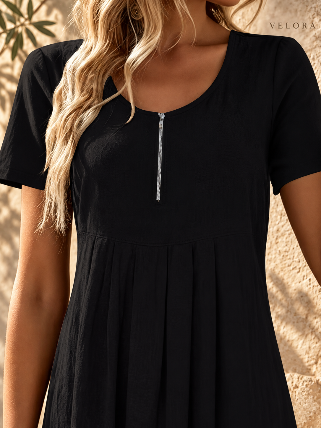 VELORA zipper A-line dress look 5 on Mediterranean plaster
