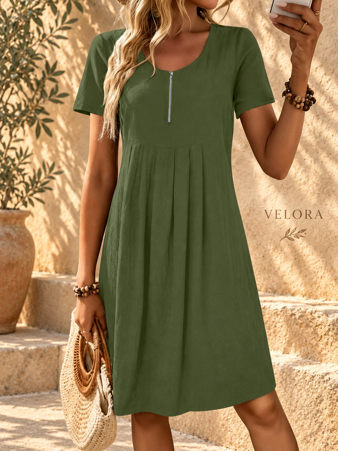 VELORA zipper A-line dress look 10 on Mediterranean plaster