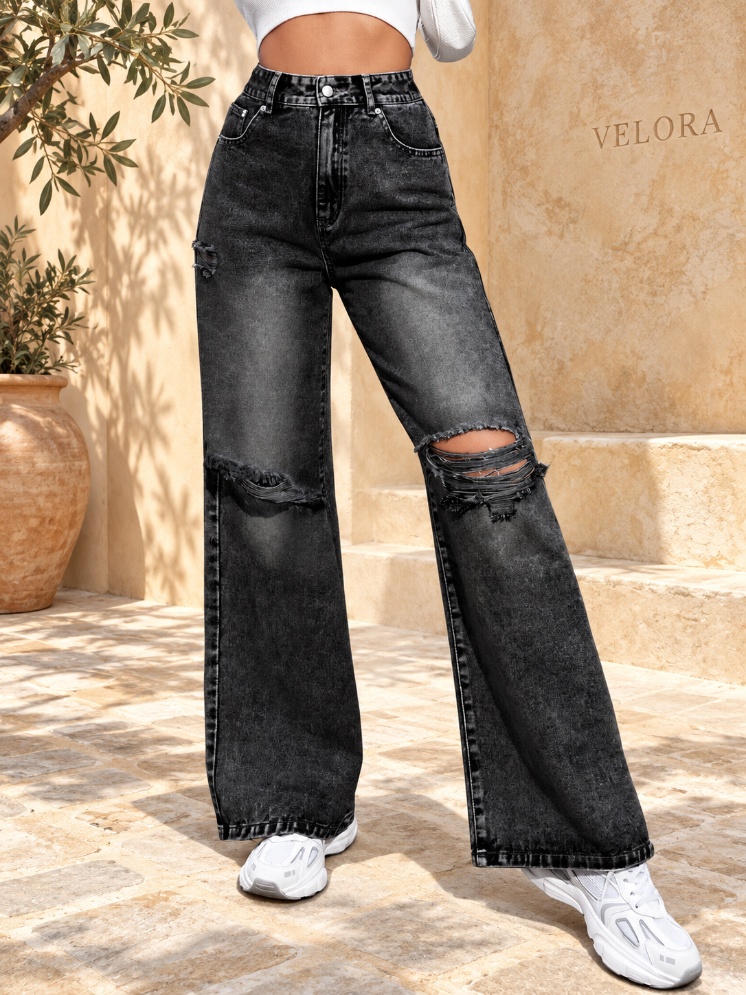 VELORA Distressed Wide Leg Jeans 1