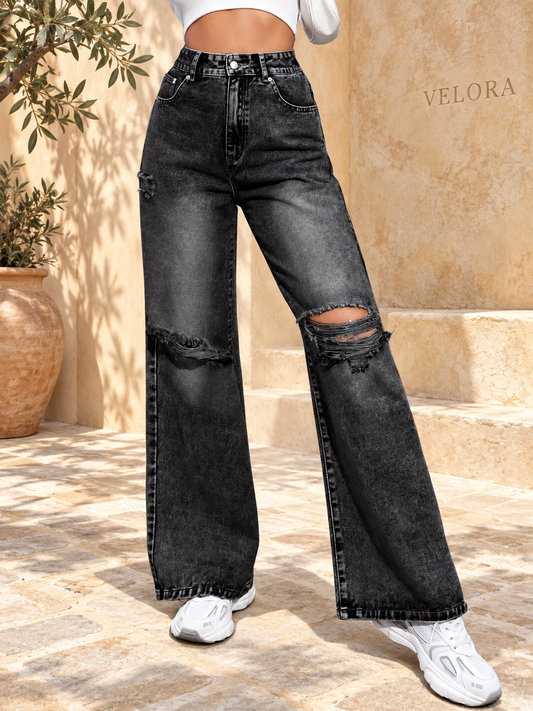 VELORA Distressed Wide Leg Jeans 1