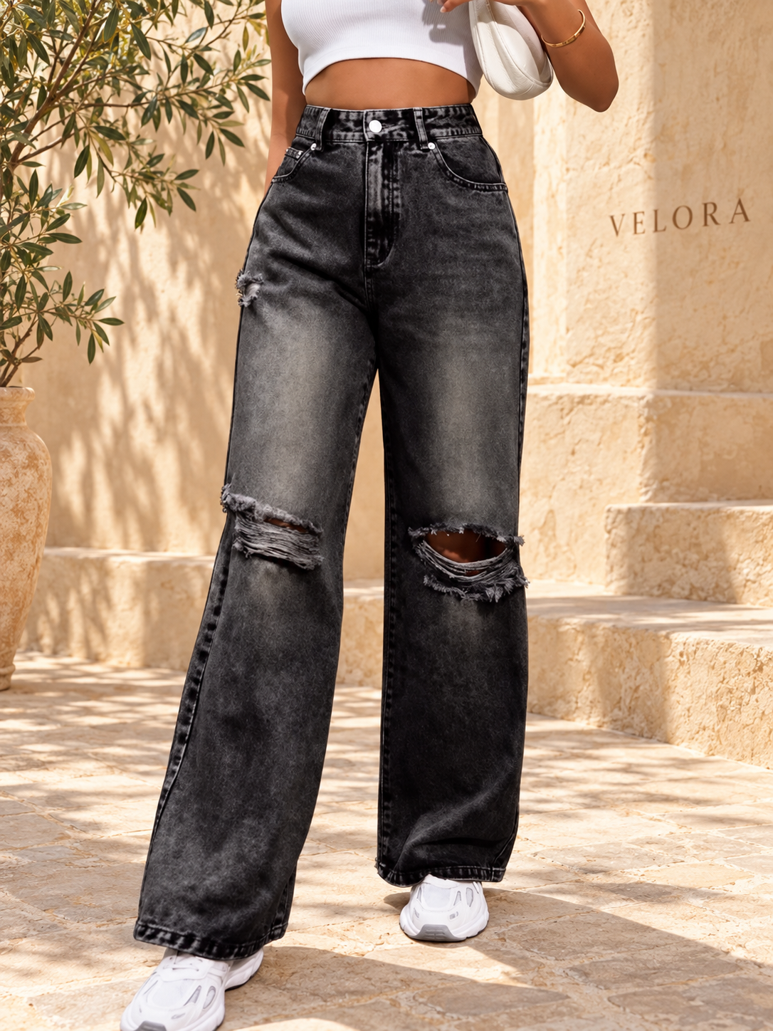 VELORA Distressed Wide Leg Jeans 2