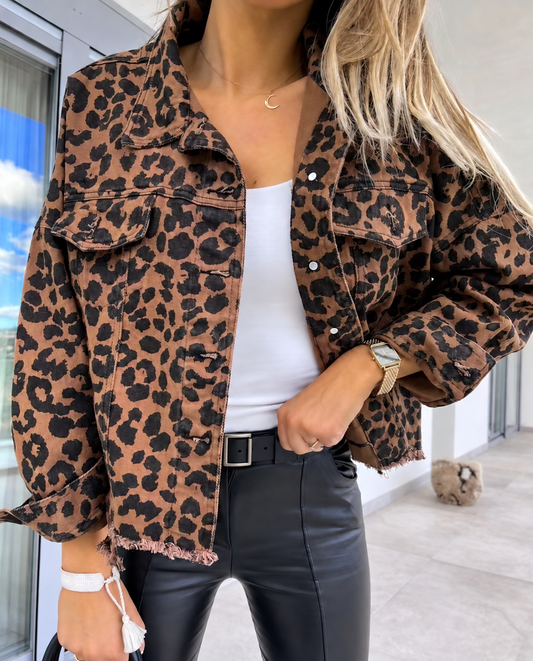 Leopard-print raw-hem denim jacket front view with unbranded styling