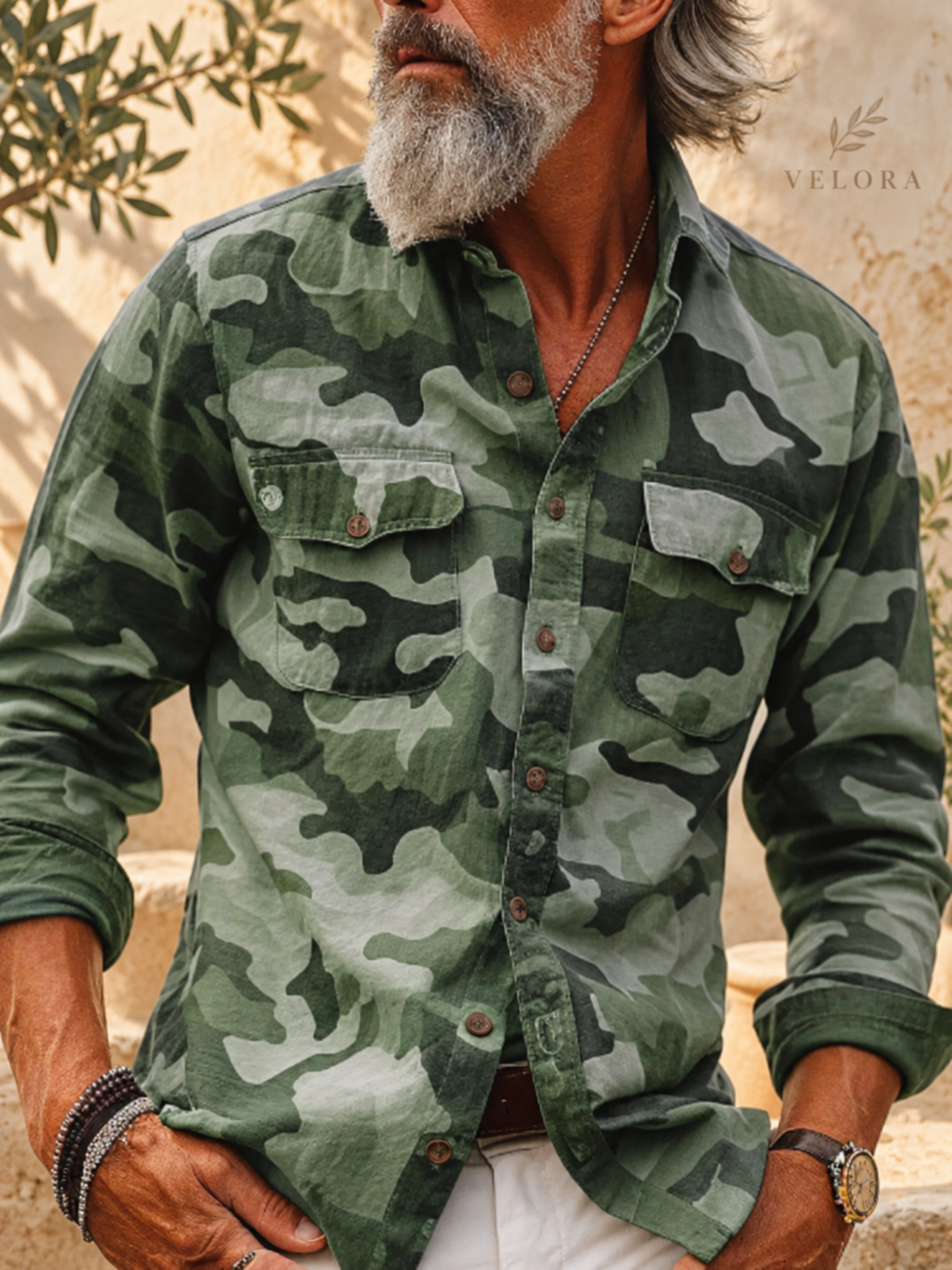 Men's Full Size Camouflage Print Shirt with Dual Chest Pockets Plus Size – image 2 – VELORA Mediterranean