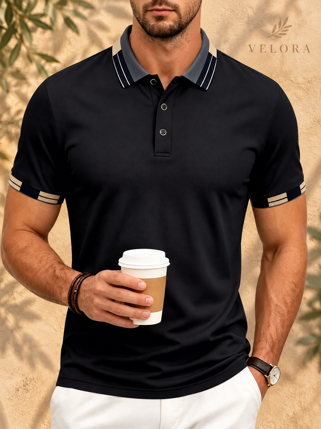 VELORA Men's Slim-Fit Contrast Trim Polo 4
