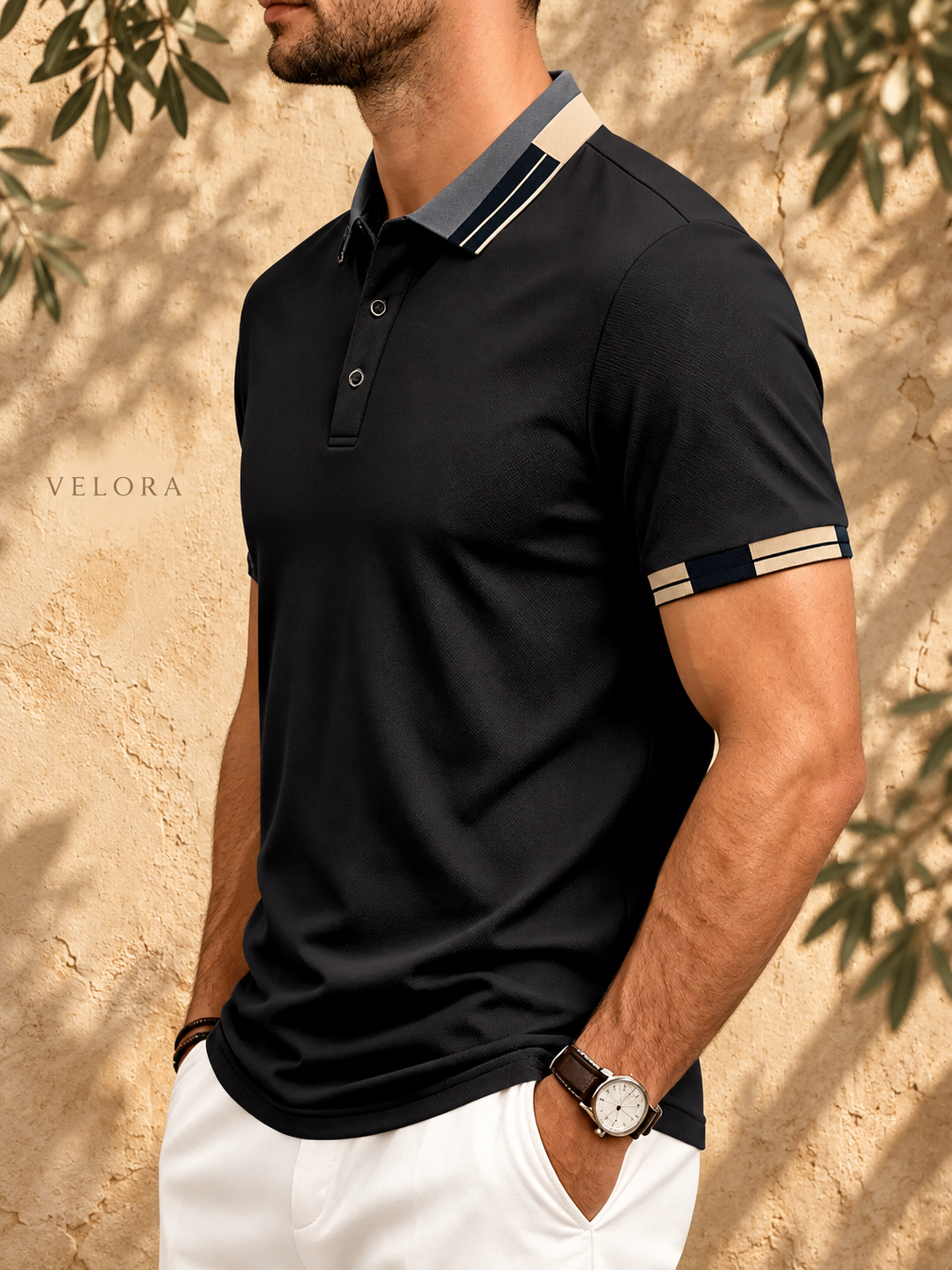 VELORA Men's Slim-Fit Contrast Trim Polo 6