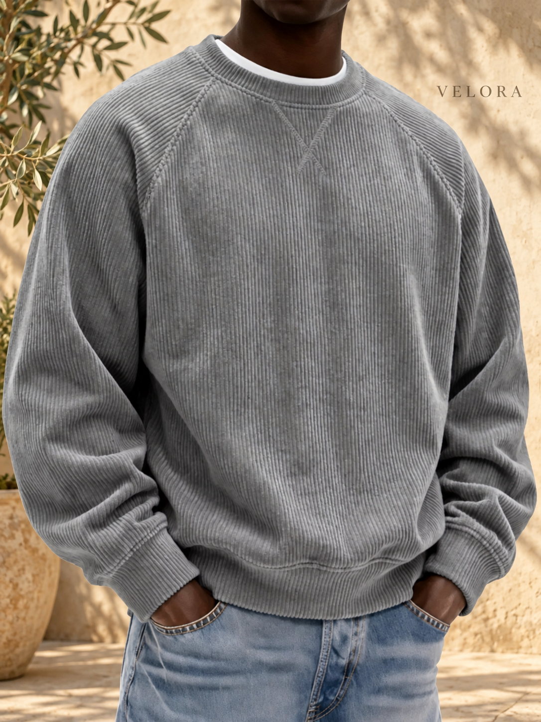 Men's Full Size Corduroy Crew Neck Sweatshirt Plus Size – image 2 – VELORA Mediterranean