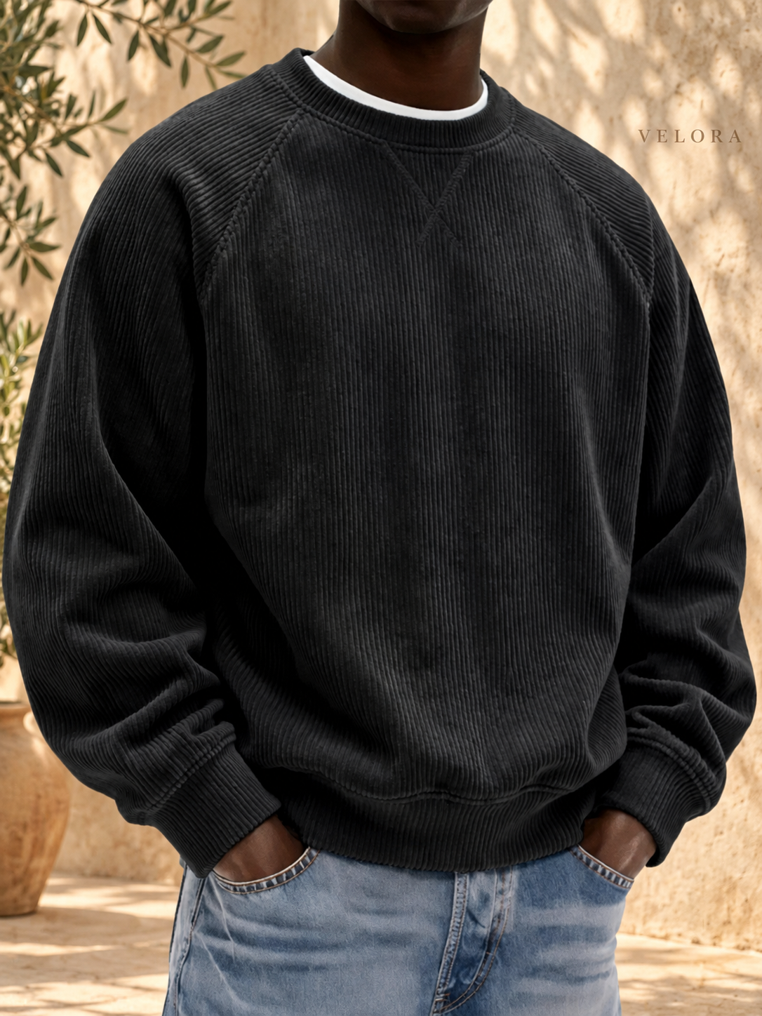 Men's Full Size Corduroy Crew Neck Sweatshirt Plus Size – image 3 – VELORA Mediterranean