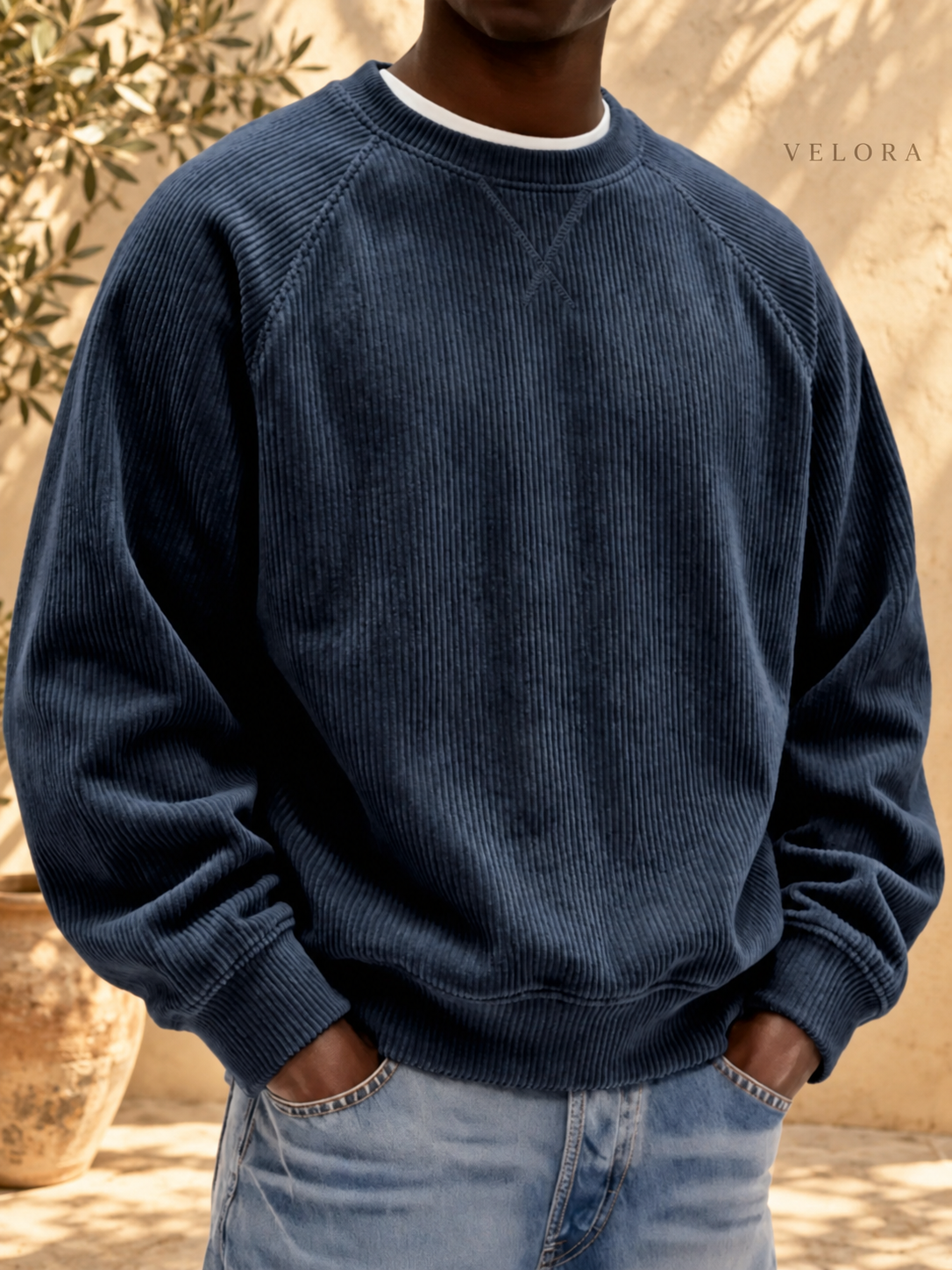 Men's Full Size Corduroy Crew Neck Sweatshirt Plus Size – image 7 – VELORA Mediterranean