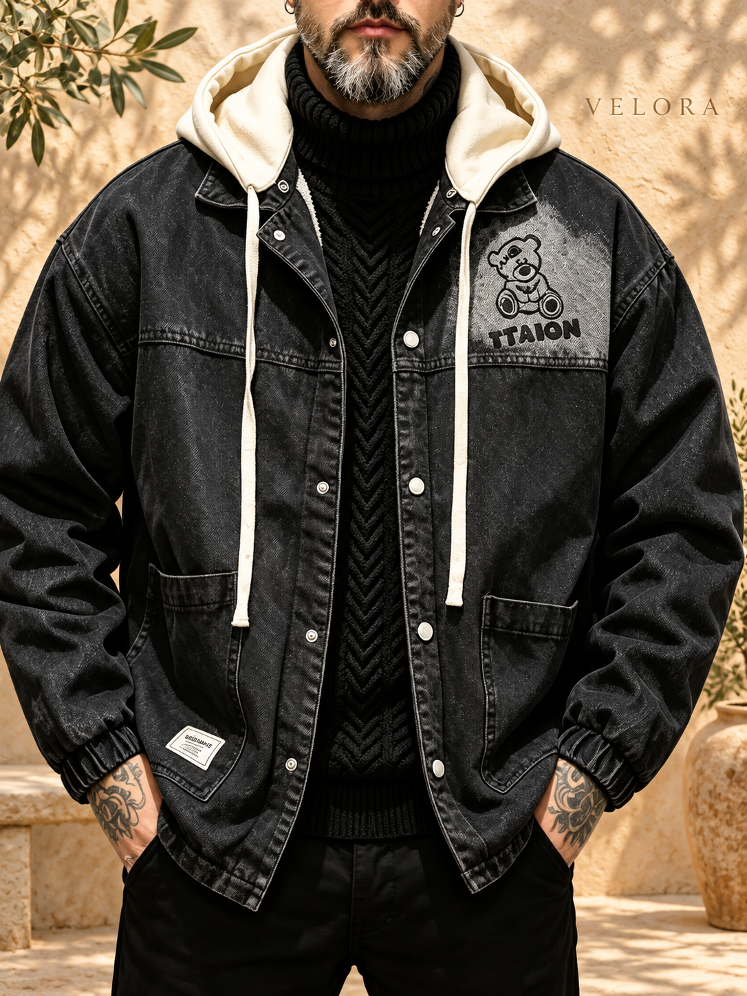 Men's Plus Size Streetwear Washed Snap Down Denim Jacket with Detachable Hood – image 1 – VELORA Mediterranean