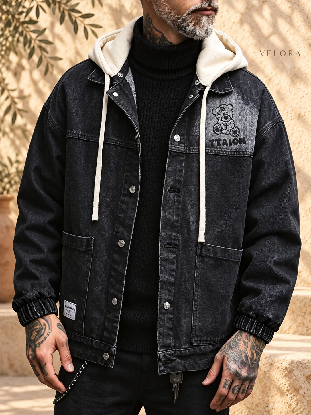 Men's Plus Size Streetwear Washed Snap Down Denim Jacket with Detachable Hood – image 2 – VELORA Mediterranean