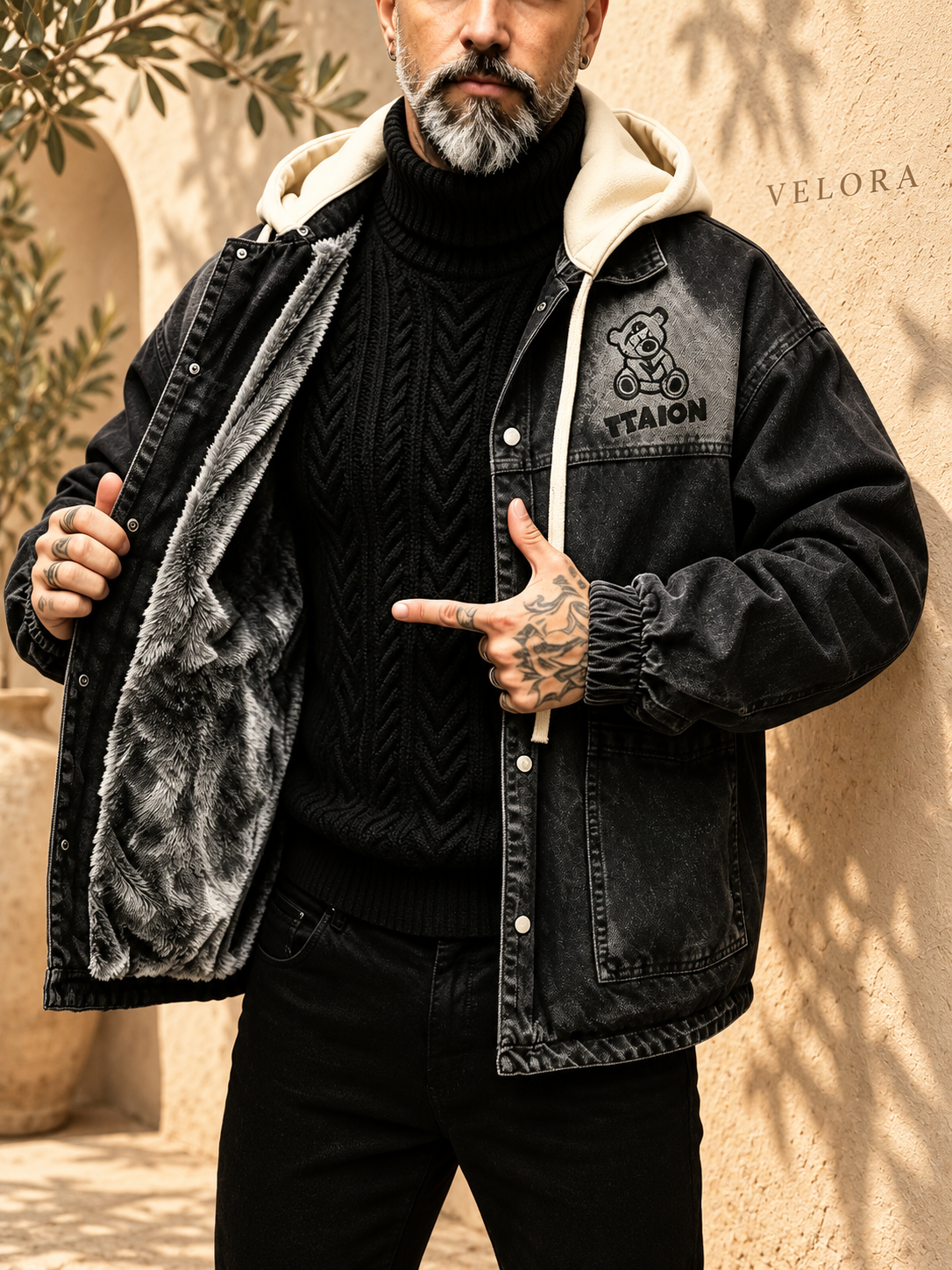 Men's Plus Size Streetwear Washed Snap Down Denim Jacket with Detachable Hood – image 3 – VELORA Mediterranean